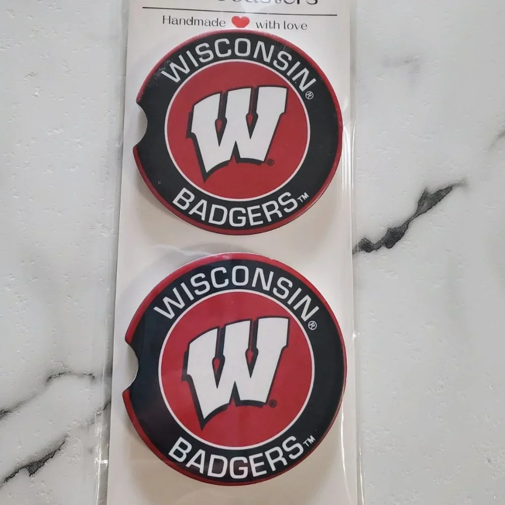 Wisconsin Badgers Set Of 2 Ceramic Car Coasters